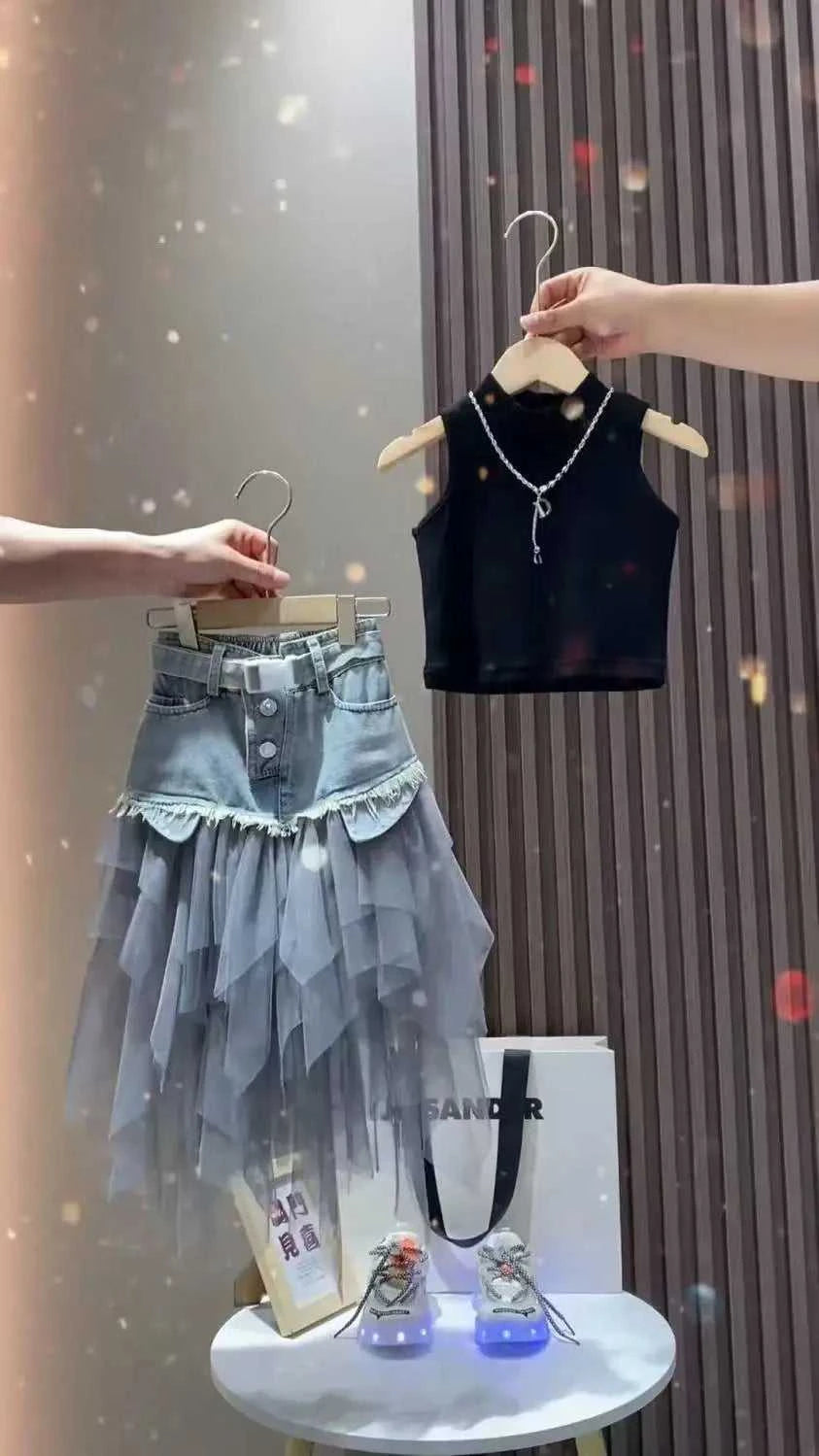 Girls' Summer New Set 2026 Korean Version Baby Girl Tank Top Mesh Splicing Cowboy Skirt Set Kids Summer Set The jack market .AU The jack market .AU Mum & Kids: Essential Products for Every Family $ 62 14:29#WHITE;200000463:200004189#110CM 4Years;200007763:201336100