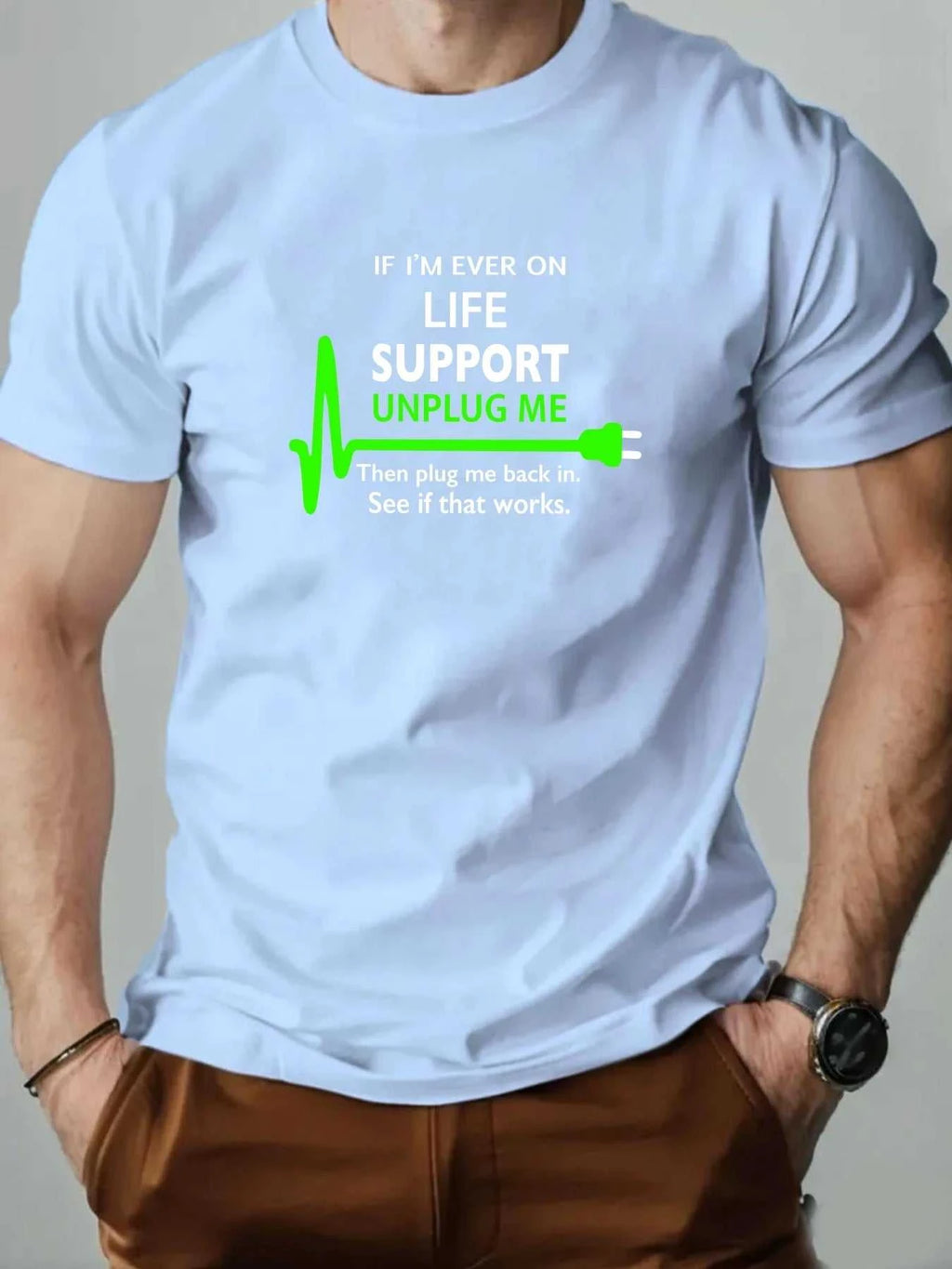100% Cotton Men's Round Neck T-shirt Creative "Life Support Unplug" Socket Graphic Print Breathable Casual Loose Oversized Tee The jack market .AU The jack market .AU Men Fashion $ 39 14:1254#Light Blue;200007763:201336100;5:361386