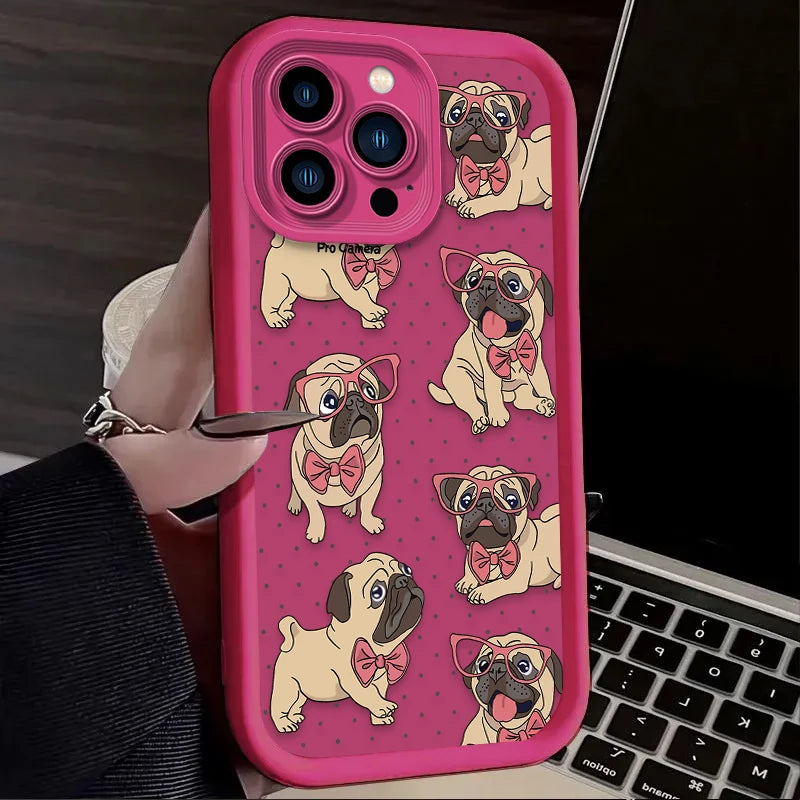 Cute Glasses Pug Dog Case For iPhone 16E 16 15 14 13 12 11 Pro Max X XS X S Max XR SE 2020 7 8 Plus Shockproof Silicone Funda
