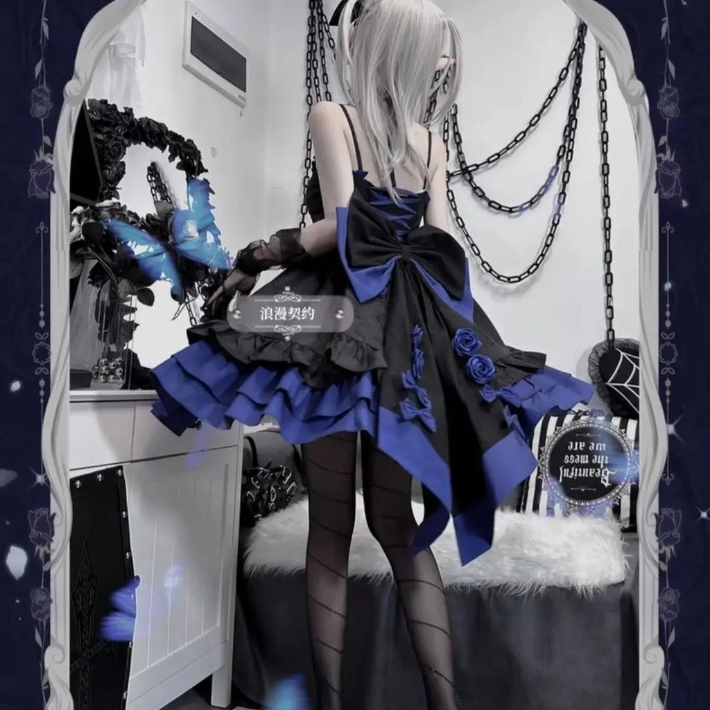 Gothic Lolita Summer Dress - High Waist Bow, Sweet Y2K Style Sling Robe for Women