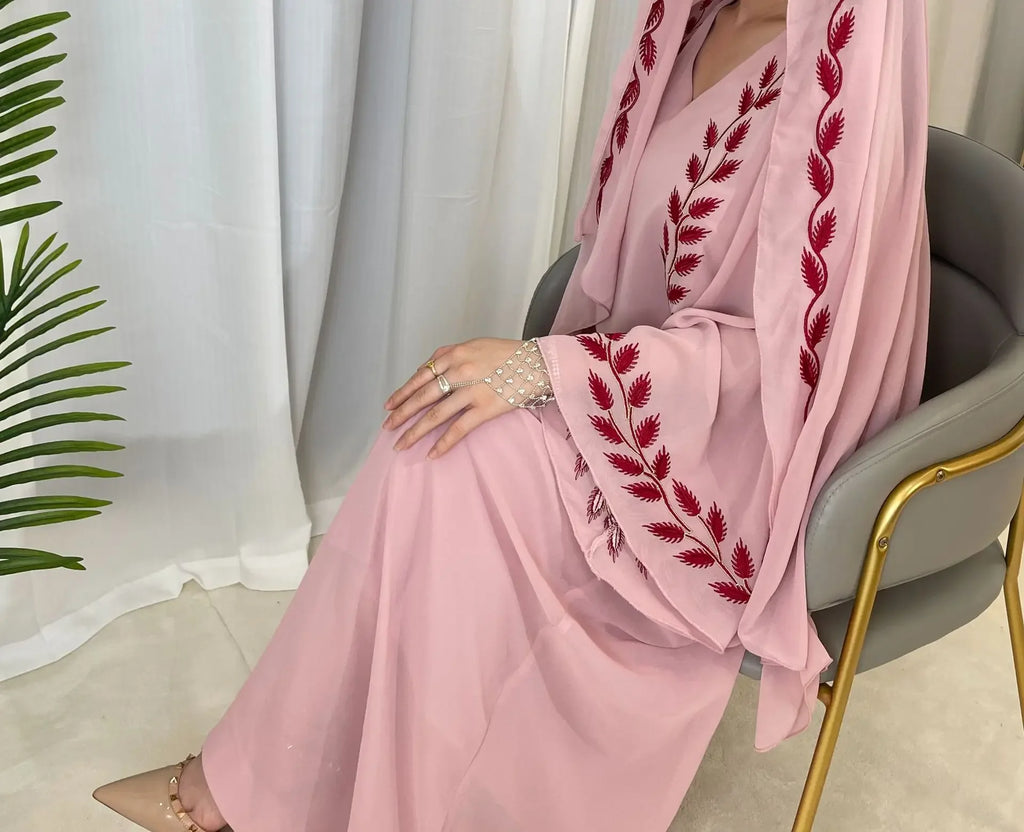 Women's Embroidery Abaya with Scarf – 2-Piece Muslim Dress Set