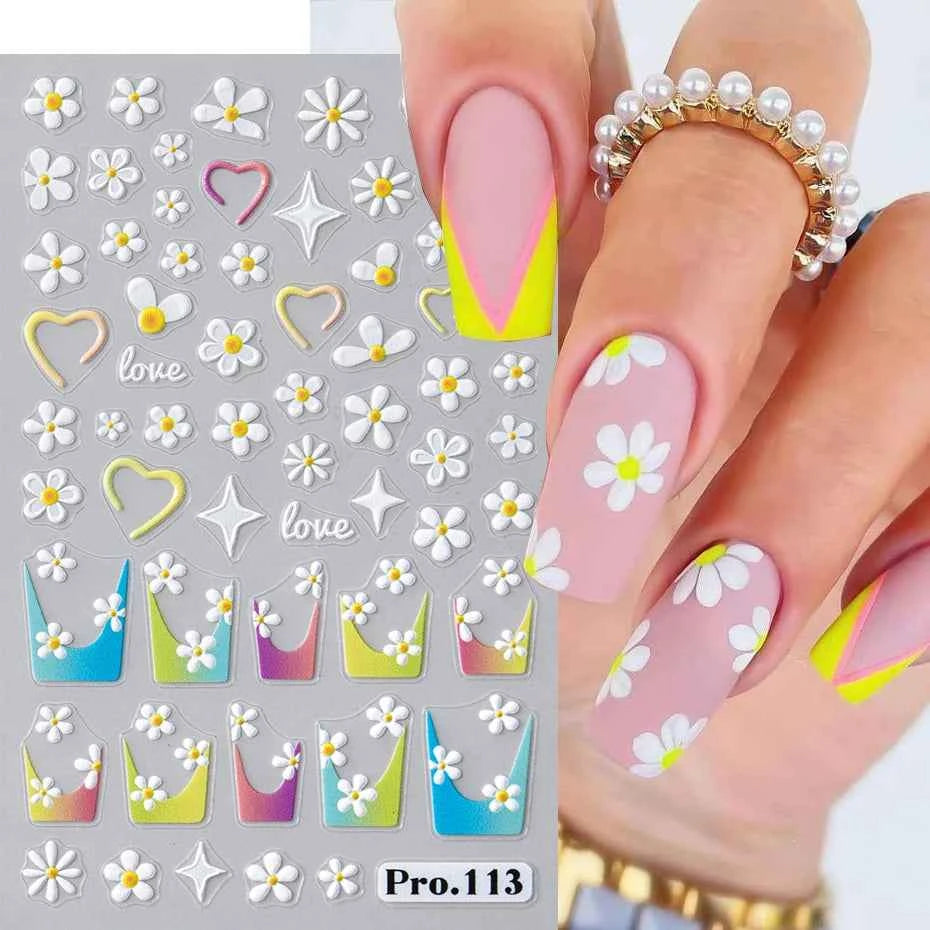 Daisy Dreams Nail Stickers - 5D White Flower & Bee Design, Self-Adhesive Acrylic Decals for DIY Manicure Magic