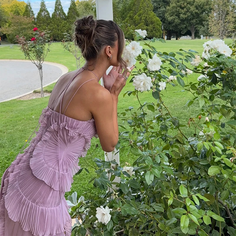 Elegant Affair Evening Gown - Ruffled Neck Strap, Backless Design, A-Line Silhouette, Perfect for Parties & Vacations