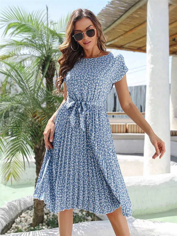 Msfilia Summer Print Pleated A Line Long Dress Women Short Sleeve High Waist Spring Round Neck Chic Dress with Belt The jack market .AU The jack market .AU Woman Fashion $ 88 14:200004870#Flower NavyBlue;5:100014065