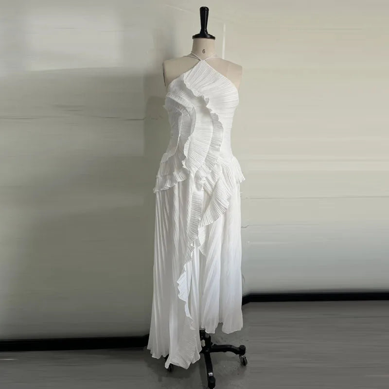 Elegant Affair Evening Gown - Ruffled Neck Strap, Backless Design, A-Line Silhouette, Perfect for Parties & Vacations