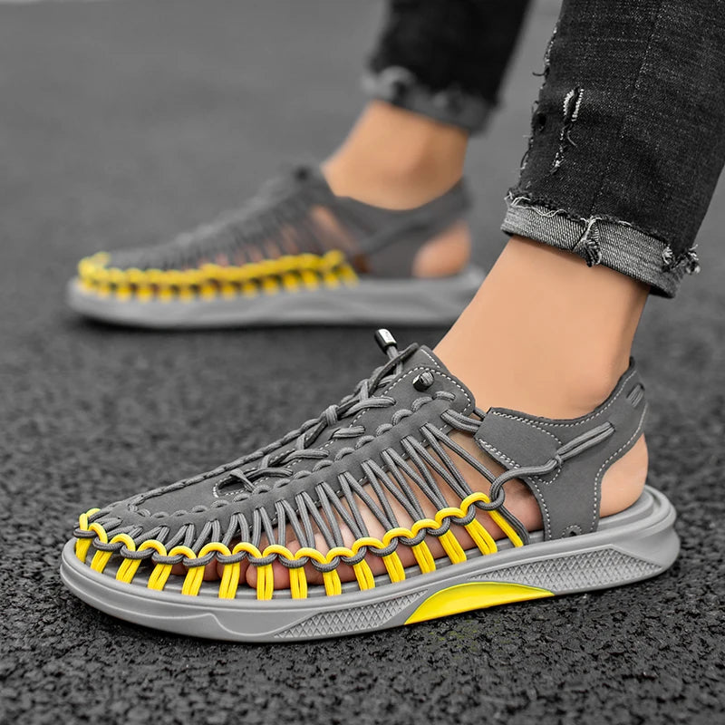 2023 Summer Men's  Sandals Lace Up Hand Woven Sandals Thick Soled Soft Non Slip Casual Shoes High Quality Couple Beach Shoes