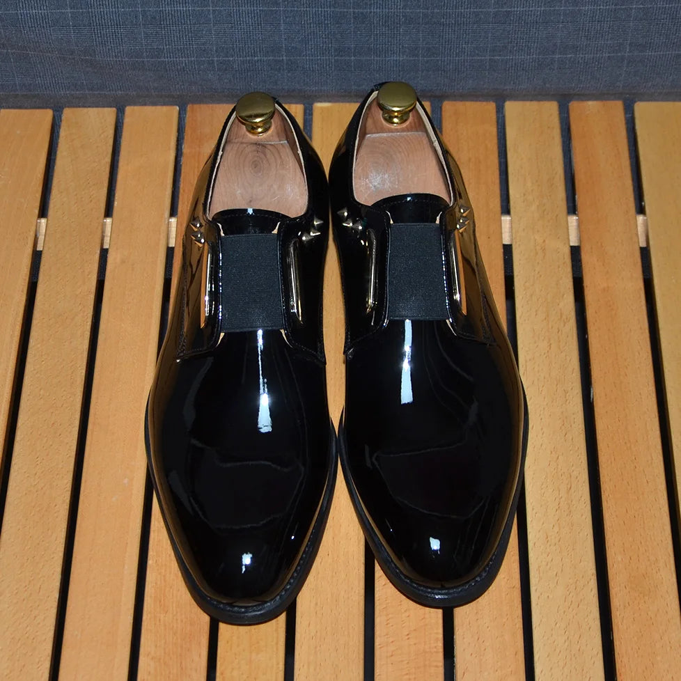 Luxury Men's Party Evening Dress Shoes 2024 Natural Cowhide Patent Leather Gold Rivets Suits Loafers Elastic Band Slip-on Derby