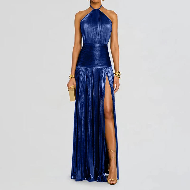Chic Women's Backless Maxi Dress - Sleeveless Halter Patchwork Elegance for Summer Parties