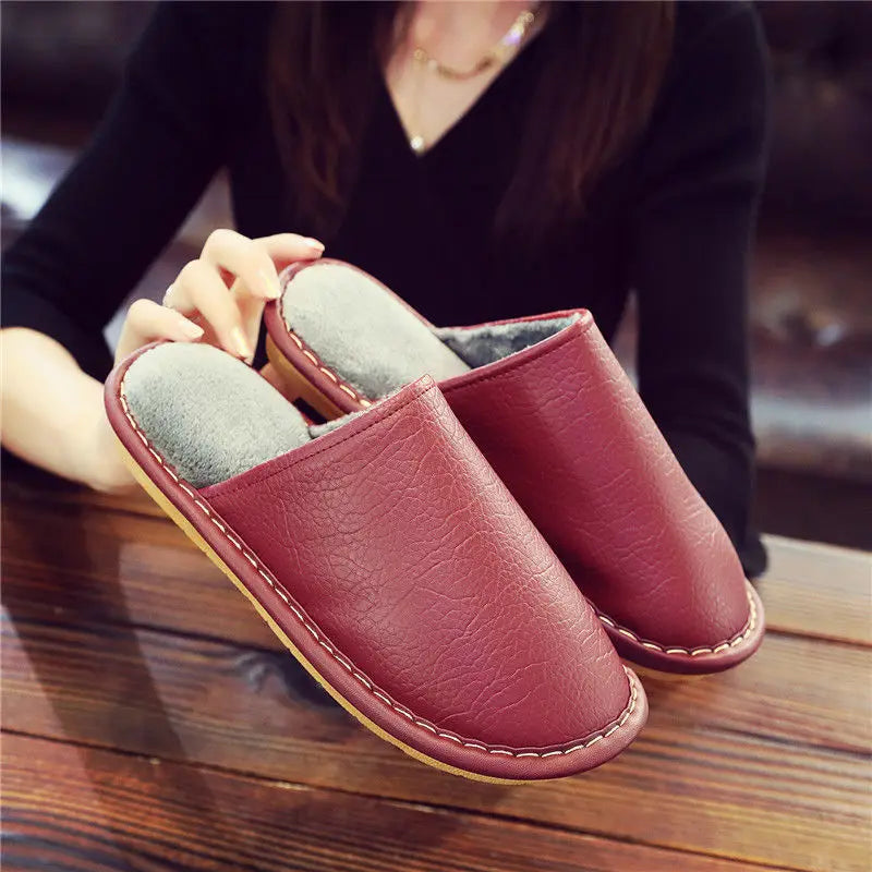 Soft Short Plush Men's Slippers Plus Size 44-45 Indoor Leather Slippers Winter Fashion Shoes 2026 New Unisex Home Slippers
