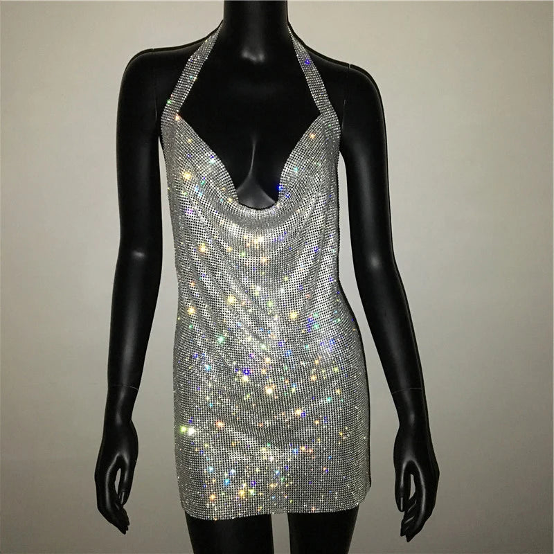 Bling Backless Rhinestone Dress - Sexy Deep V Neck, Sleeveless, Side Split Halter for Nightclub & Party