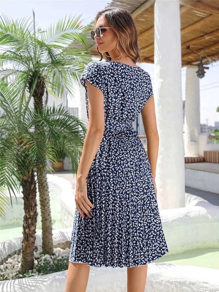 Msfilia Summer Print Pleated A Line Long Dress Women Short Sleeve High Waist Spring Round Neck Chic Dress with Belt The jack market .AU The jack market .AU Woman Fashion $ 88 14:200004870#Flower NavyBlue;5:100014065