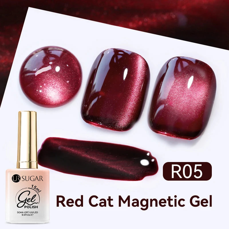 UR SUGAR 15ml  Autumn Winter Red Cat Magnetic Gel Nail Polish White Dopamine Nail Sparkling Glitter Soak Off UV LED for Manicure