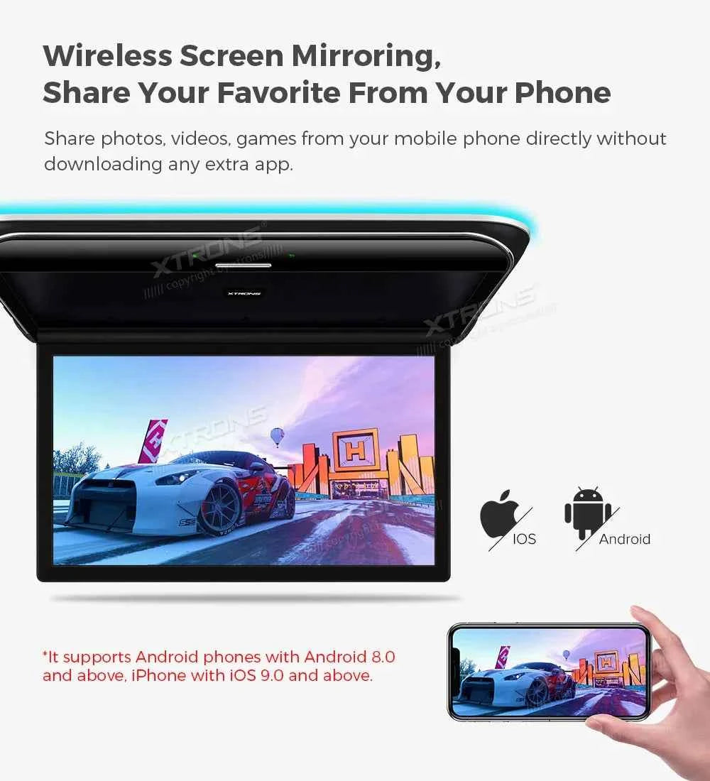 XTRONS 19.5" Android Car Roof Monitor TV Octa-core 8K IPS Car Screen Adjustable Angle to 170° with Screen Mirroring USB HDR RCA
