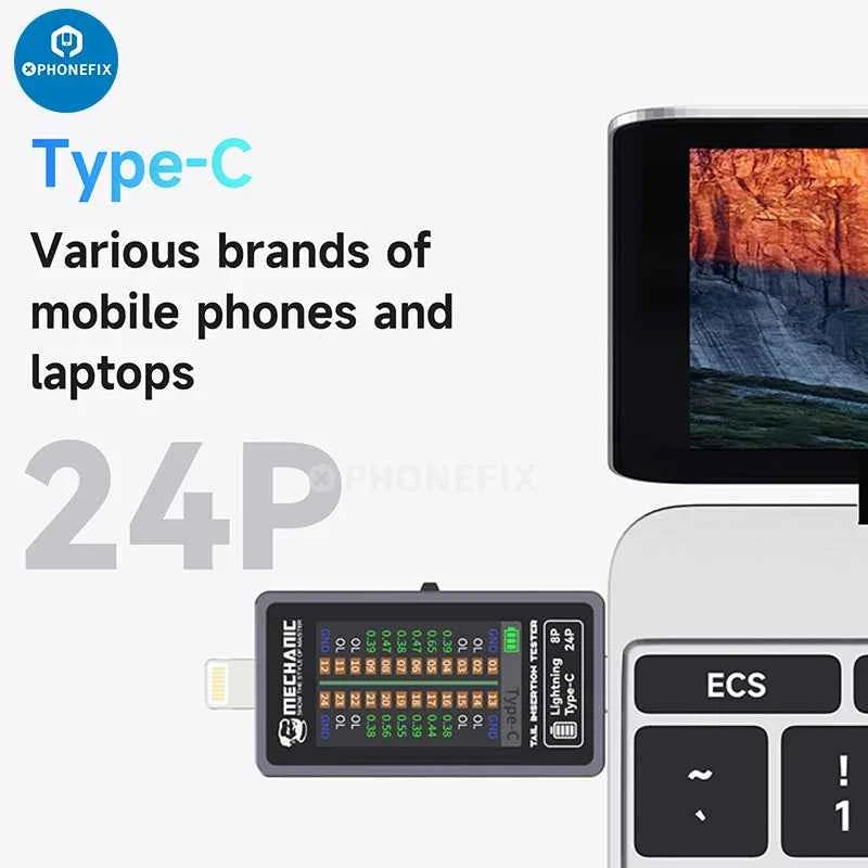 Mechanic T824 Type-C & Lightning Tail Insertion Tester for iPhone, iPad & Android - Fast, Accurate Connectivity Check