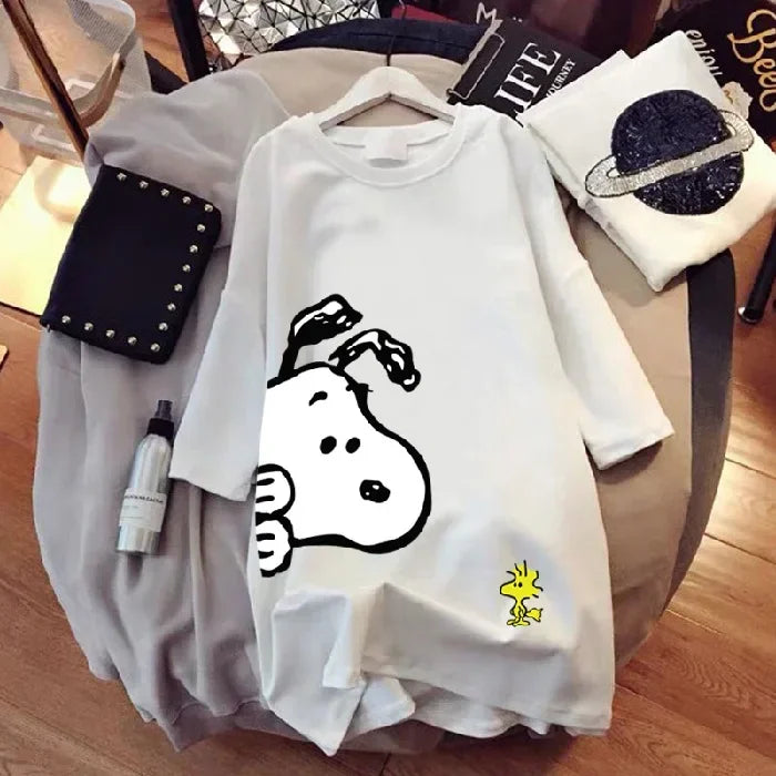 new Snoopy women's loose large version top summer short-sleeved t-shirt women's cotton mid-length cartoon women