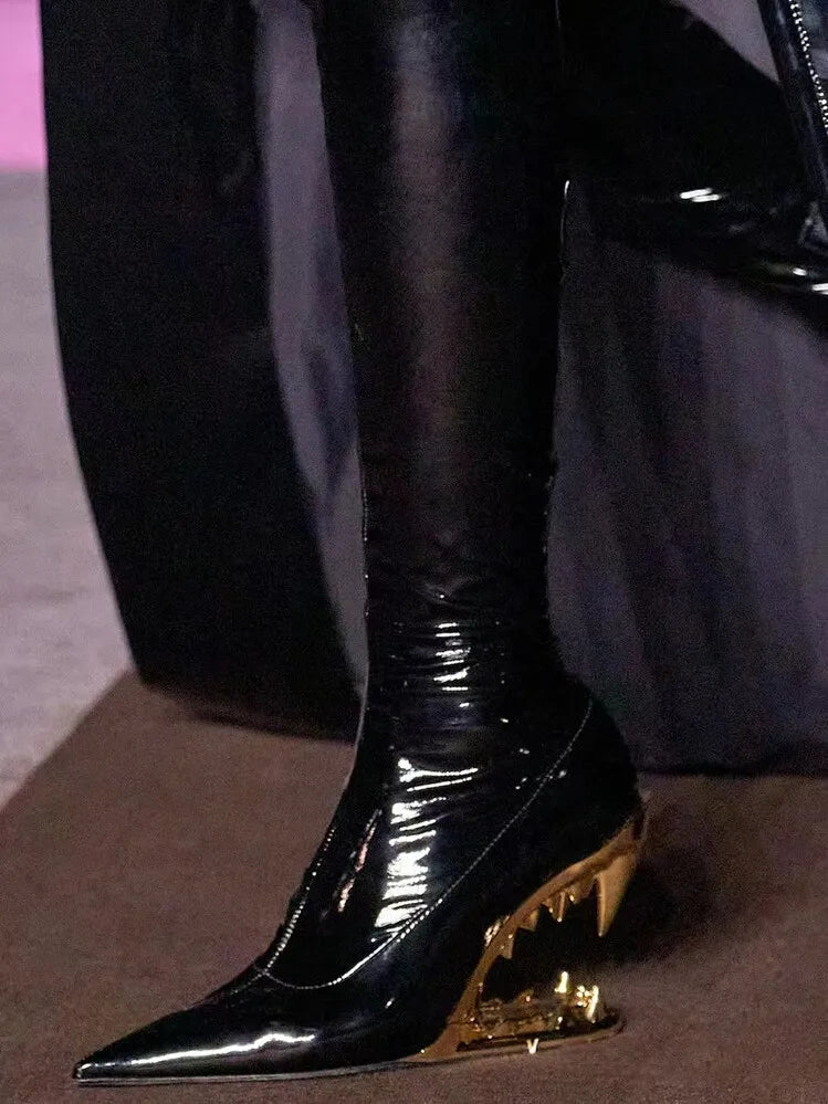 Women's Pointed Tiger Teeth Heel Knee High Elastic Boots Fashionable Over-the-Knee Super High Heel Banquet Show Shoes Autumn Winter