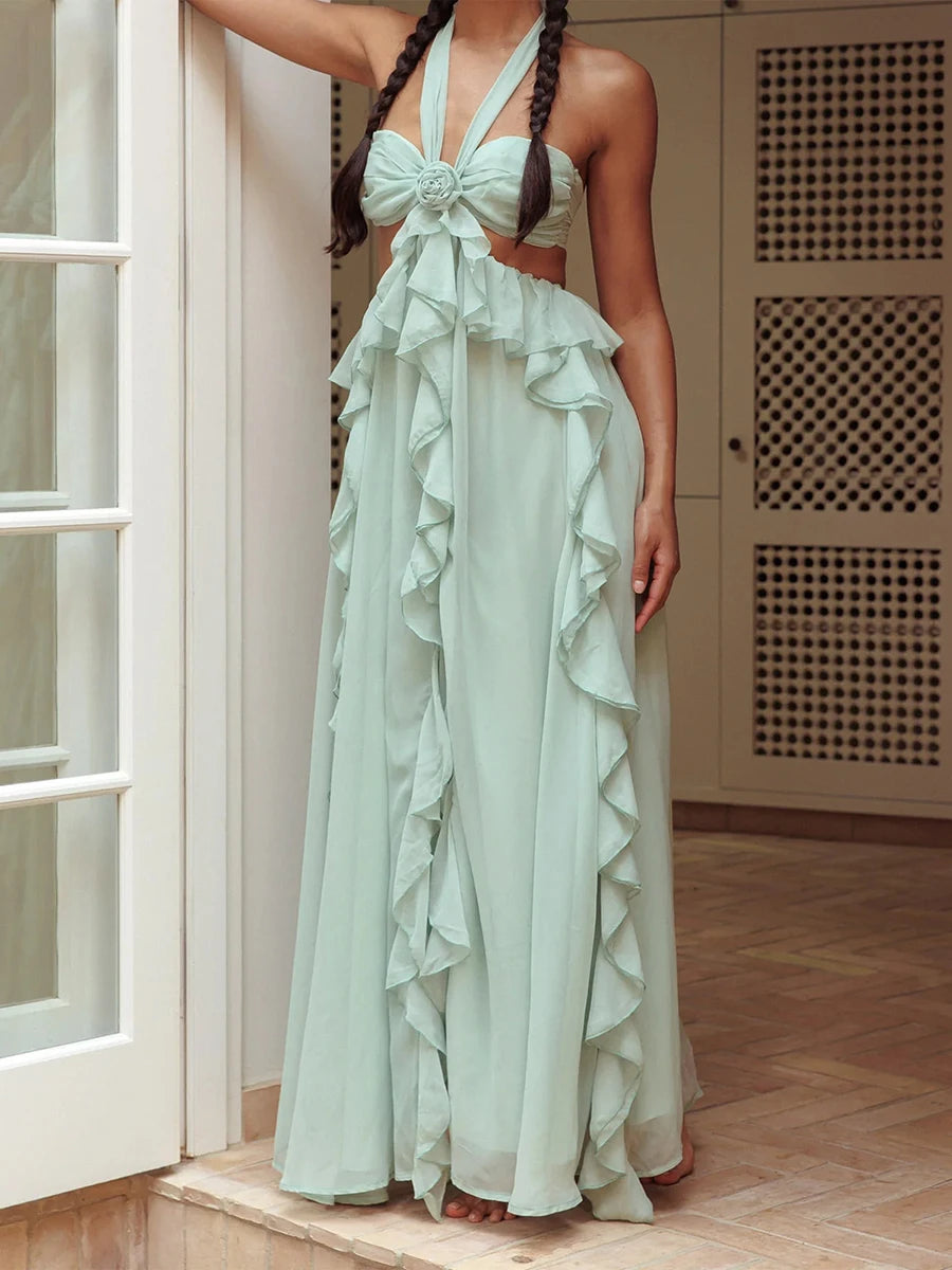 Luxury Women's Holiday Cutout Ball Gown Sleeveless Tie Back Solid Color Ruffle Long Dress Summer Party Dress