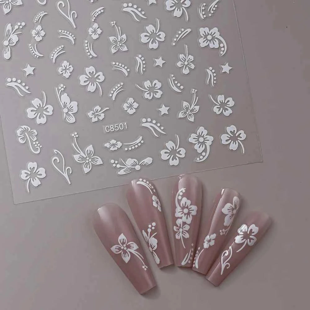 1pcs 3D White Hibiscus Flowers Nail Stickers Holographic Silver Gold Tropical Petal Slider For Nails French Manicure Decoration
