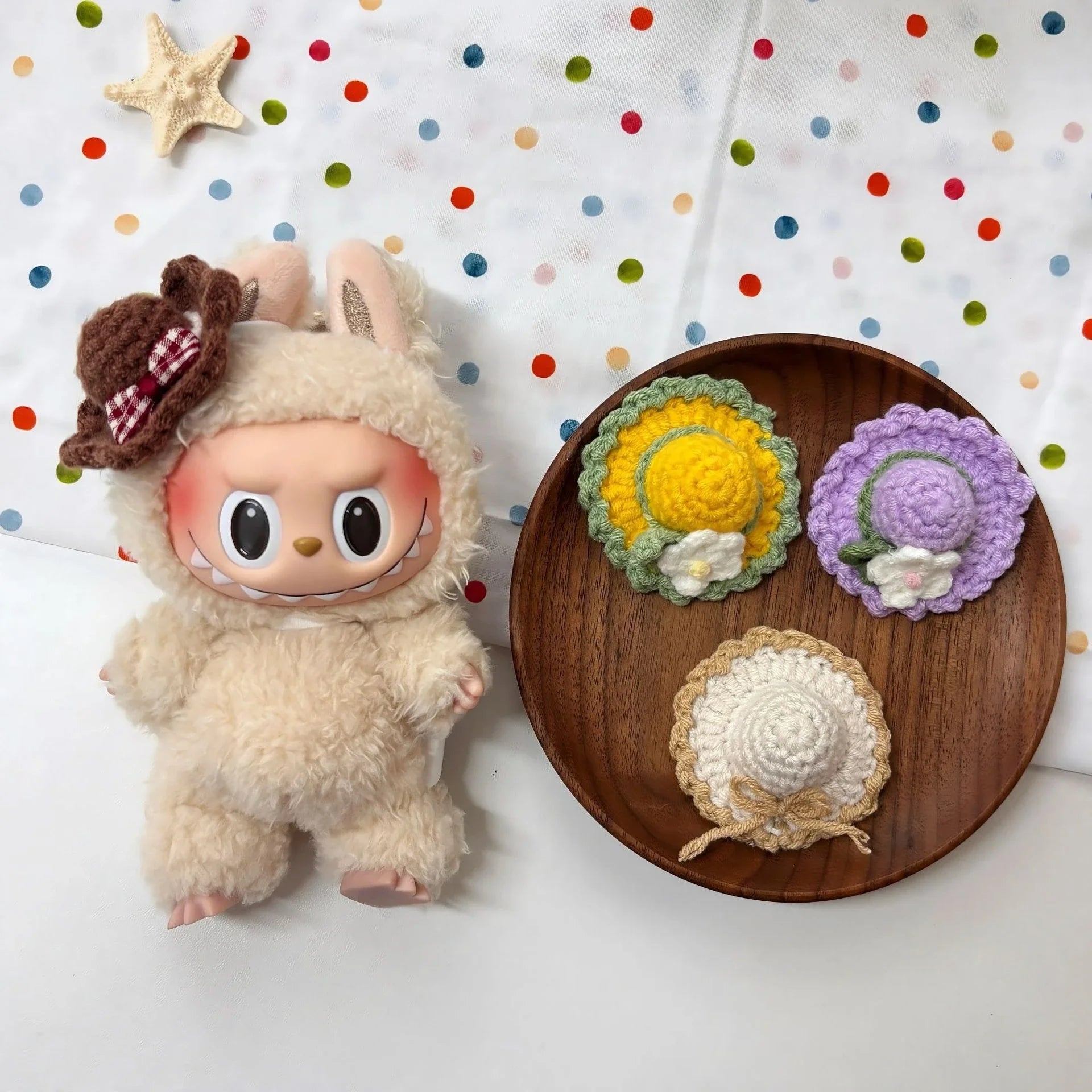 For 15/17cm 3.0 labubu v1/v2/v3 handmade bikini beach sun hat headgear set doll clothes for Ropa labubu decoration