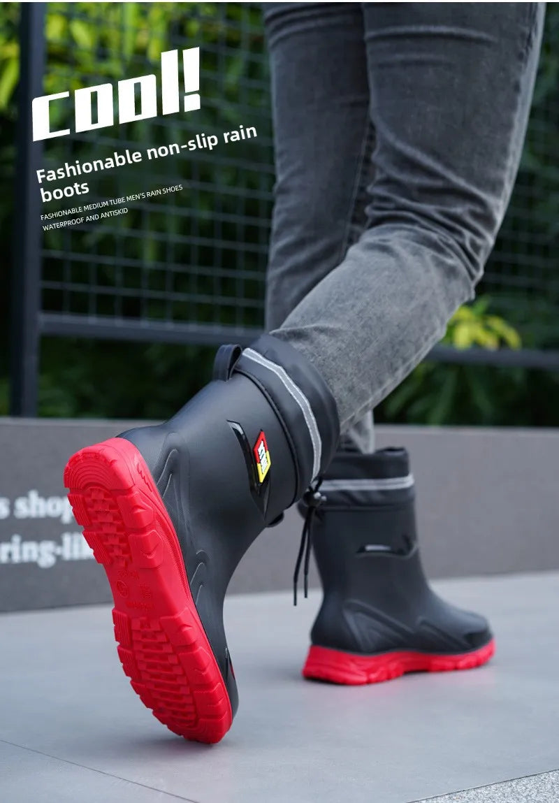 Men's Fleece Lined Tied Mouth Waterproof Outdoor Rain Boots Anti-slip Kitchen Work Rubber Shoes Warm Booties Plastic Material
