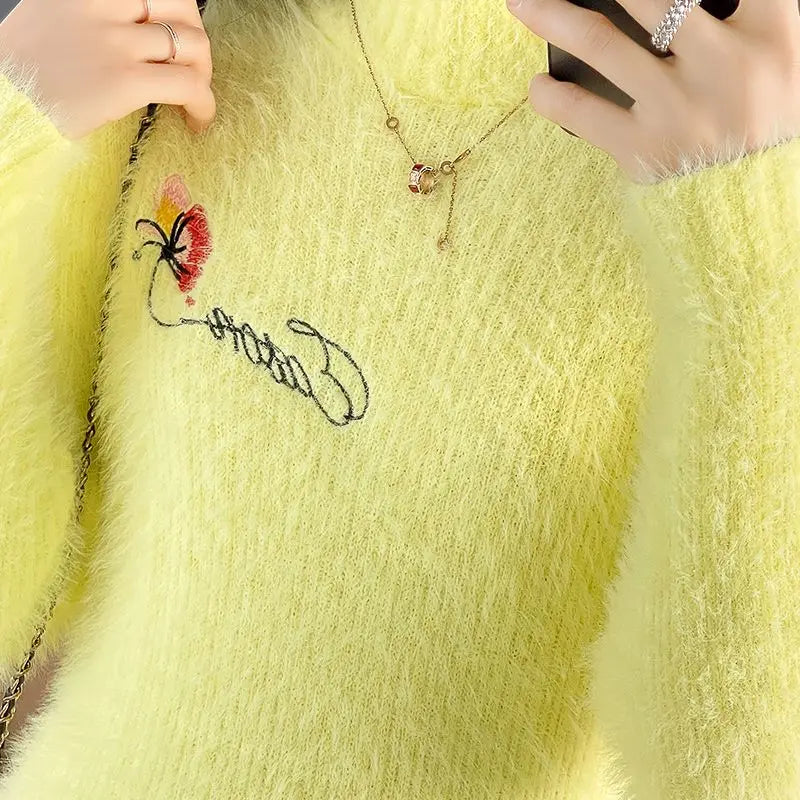 Imitation Mink Fleece Autumn Winter New Plush Slim Sweater Dress Solid Half High Neck Mid Length Embroidered Knit Bottom Dresses