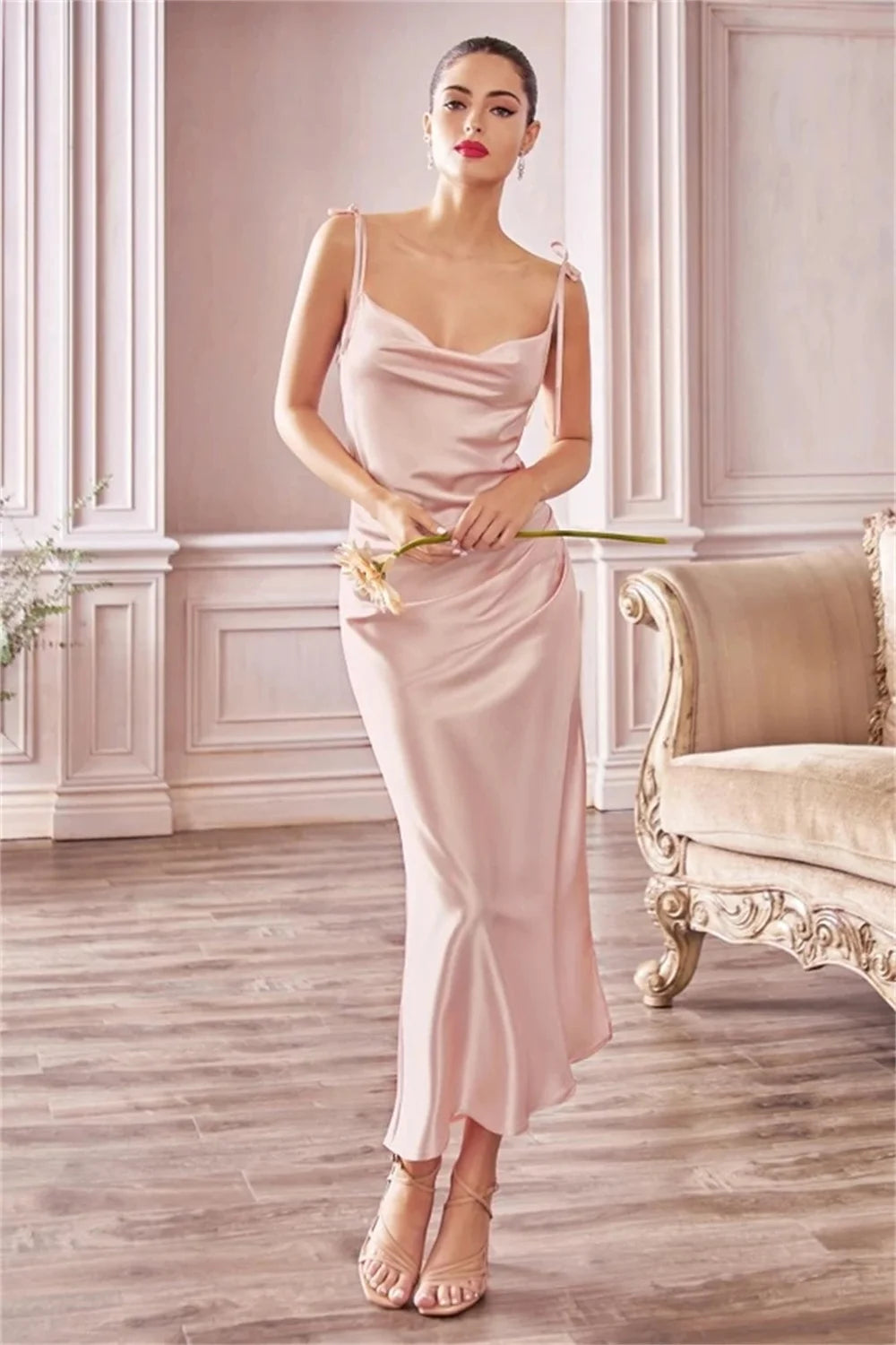 MisShow Sage Green Satin Cowl Neck Midi Dress with High Slit & Tie Straps for Stunning Evening Looks