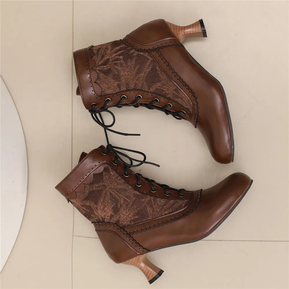 2025 New Lace Up Ladies High Heel Shoes Strange Steampunk Boot Victorian Ankle Boots Women Pointed Toe Thick Soled Short Boots