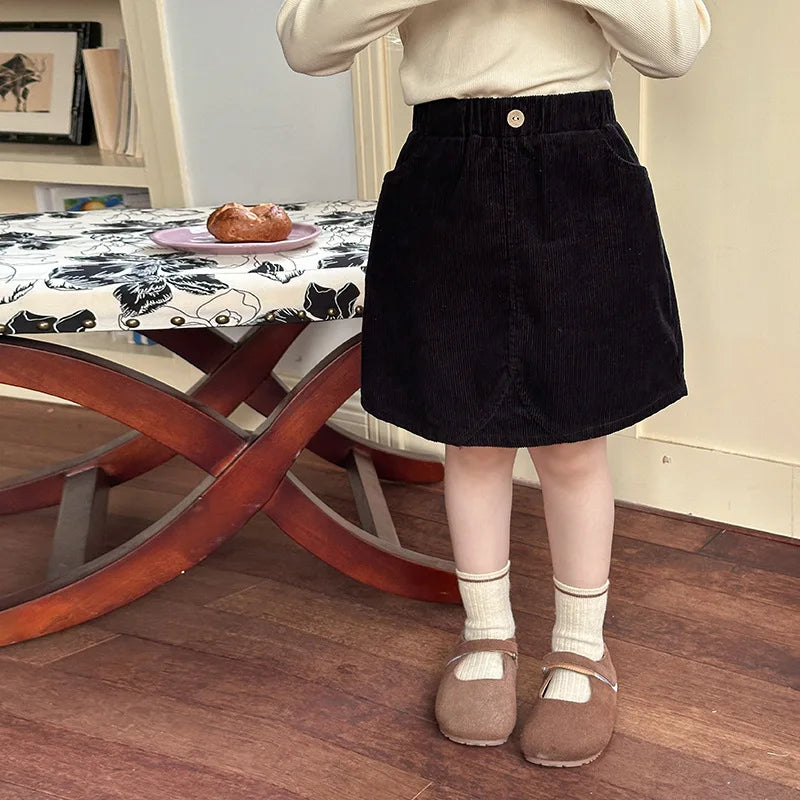 2025 Spring Children's Soft Pit Strip Cotton Corduroy Half Length Skirt for Girls Autumn Fashionable Versatile Short Skirt 2-16Y