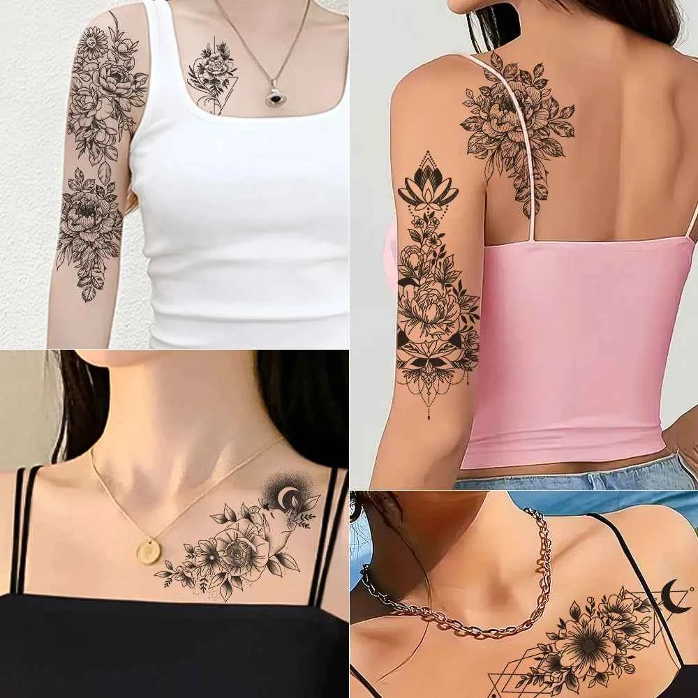 35pcs Realistic Peony Rose Temporary Tattoo Deer Crescent Floral Body Art Waterproof Stickers Lasting Arm Leg Hand Neck Tattoos*