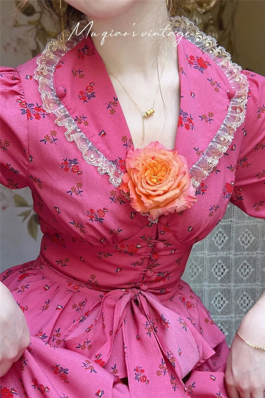 Rose Red Flower Autumn Long Sleeve French Vintage Dress V-neck Waist Cinched Slimming Ruffle Large Swing Long Dress for Women
