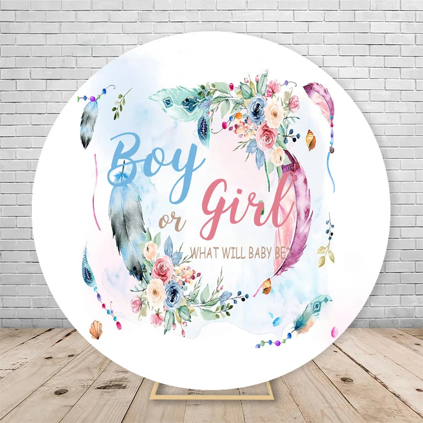 Gender Reveal Backdrop Round Cover Watercolor Cloud Bear Party Decor He or She Oh Baby Shower Photography Background Elasticity