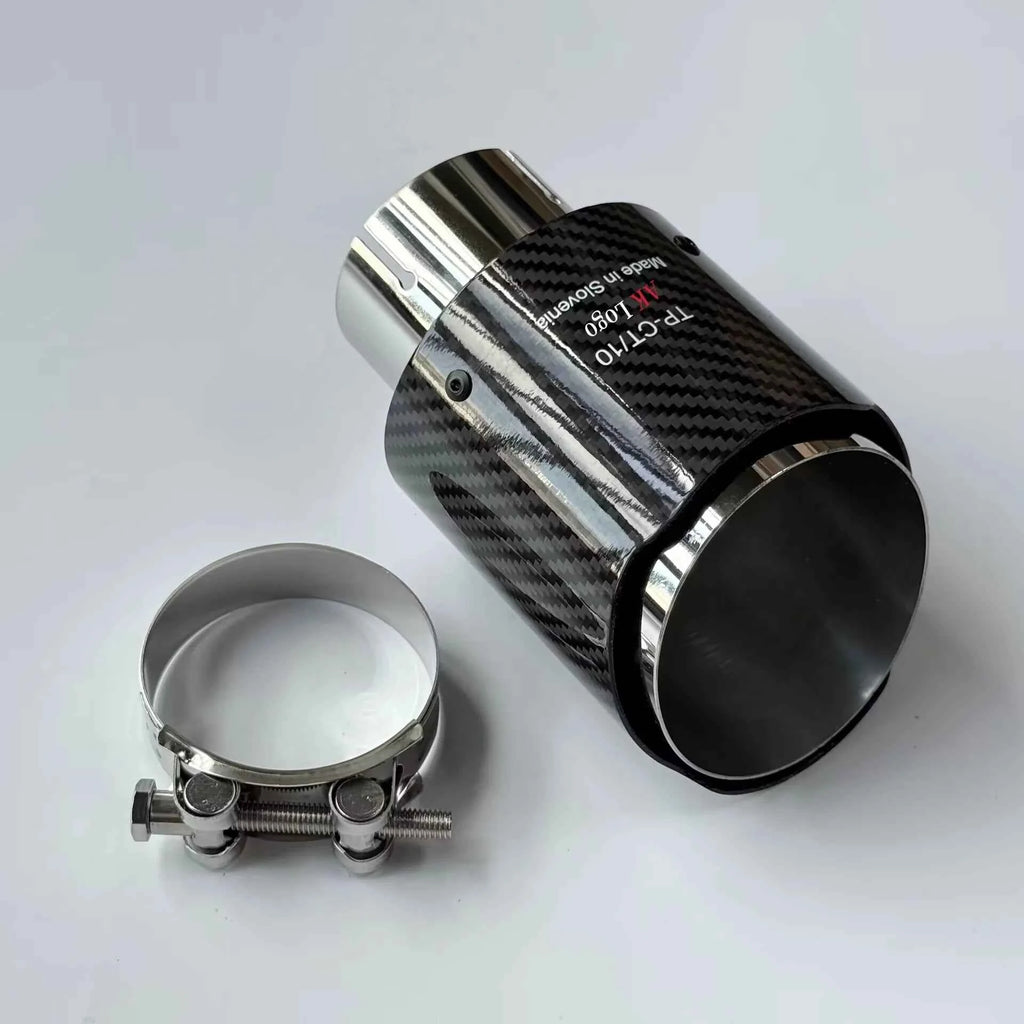 1Pcs Universal Car Single Exhaust Tip Pipe Glossy Twill Carbon Fiber Silver Muffler Exhaust Nozzle For AK Logo Refit Tailpipe
