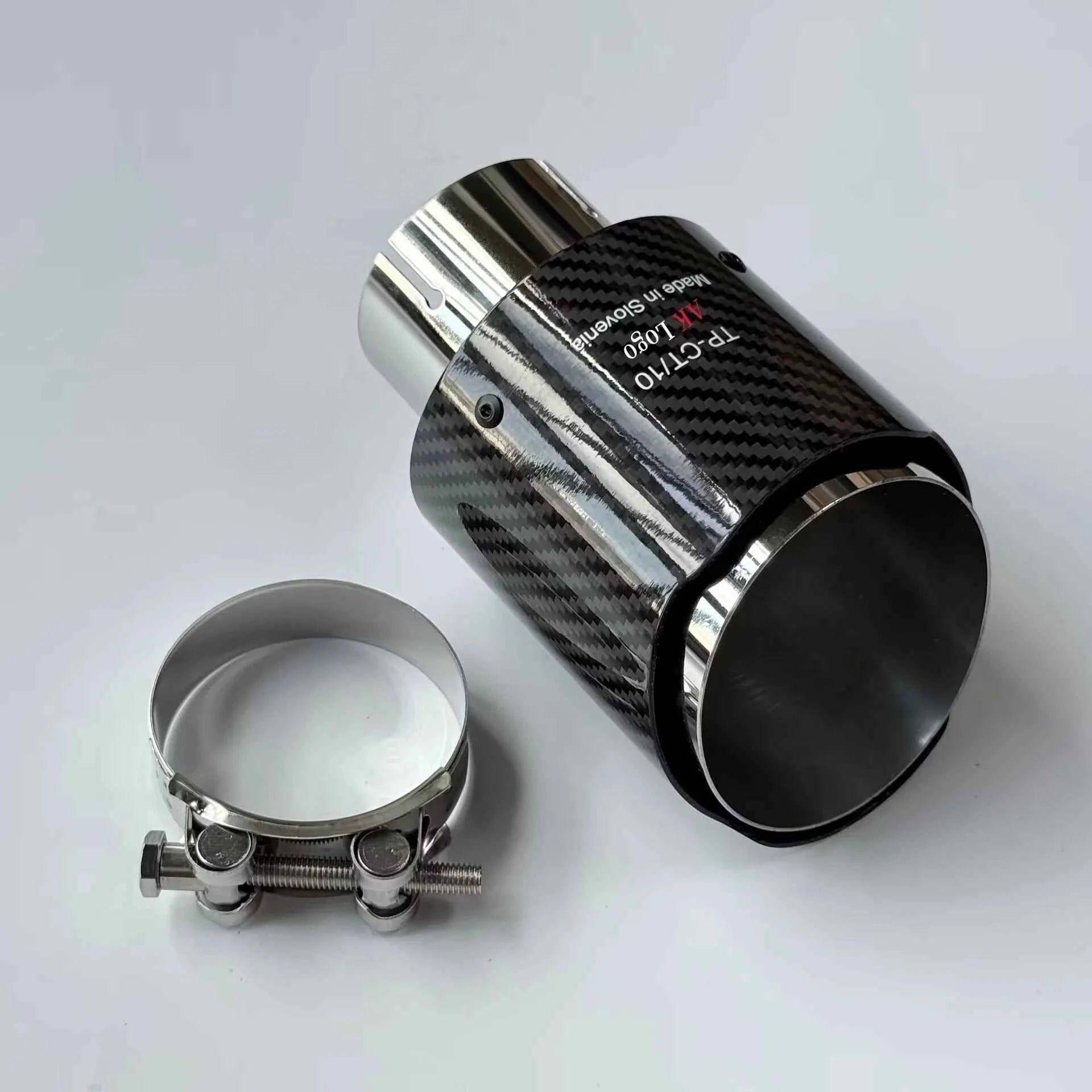 1Pcs Universal Car Single Exhaust Tip Pipe Glossy Twill Carbon Fiber Silver Muffler Exhaust Nozzle For AK Logo Refit Tailpipe
