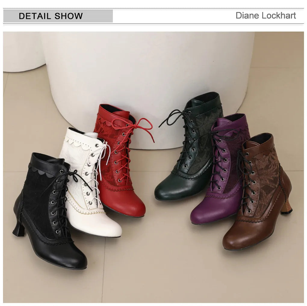 2025 New Lace Up Ladies High Heel Shoes Strange Steampunk Boot Victorian Ankle Boots Women Pointed Toe Thick Soled Short Boots