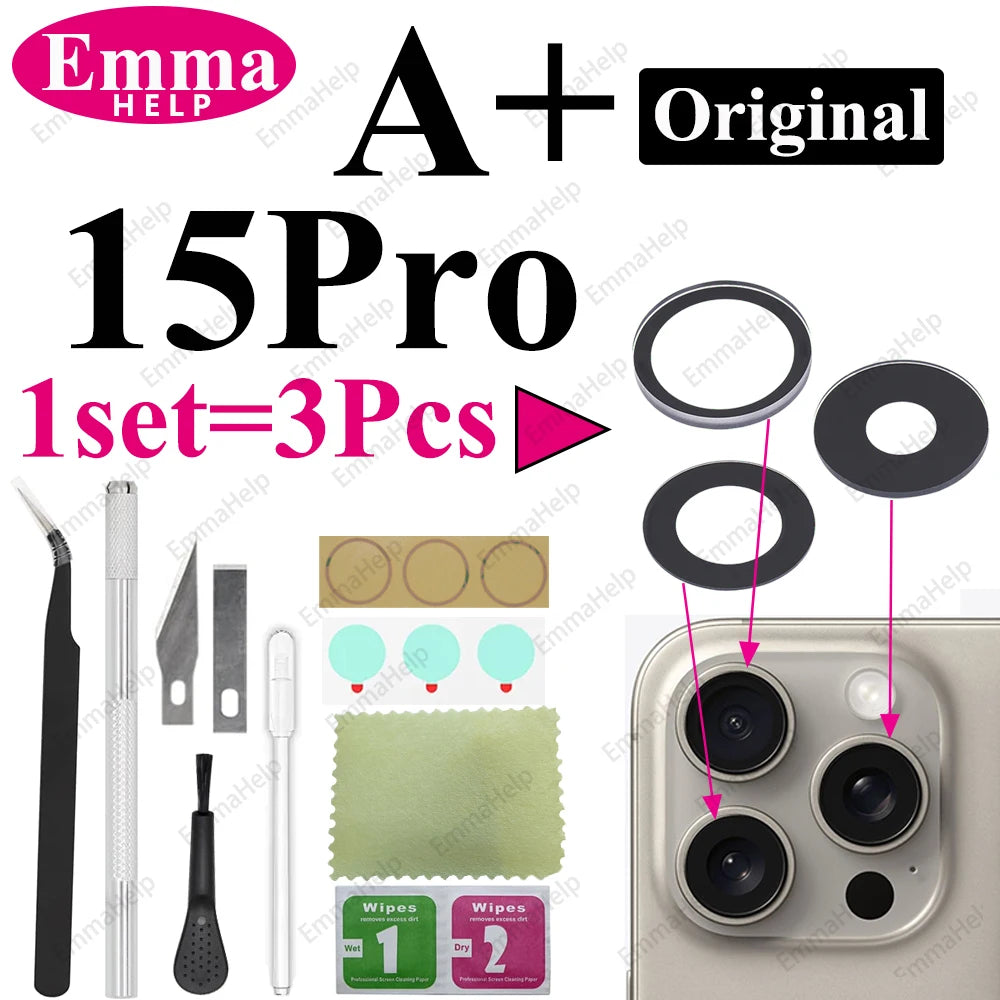 Sapphire Camera Lens Glass for iPhone 15/14/13/12/11 Pro Max Plus Mini - Complete Repair Kit with Adhesive