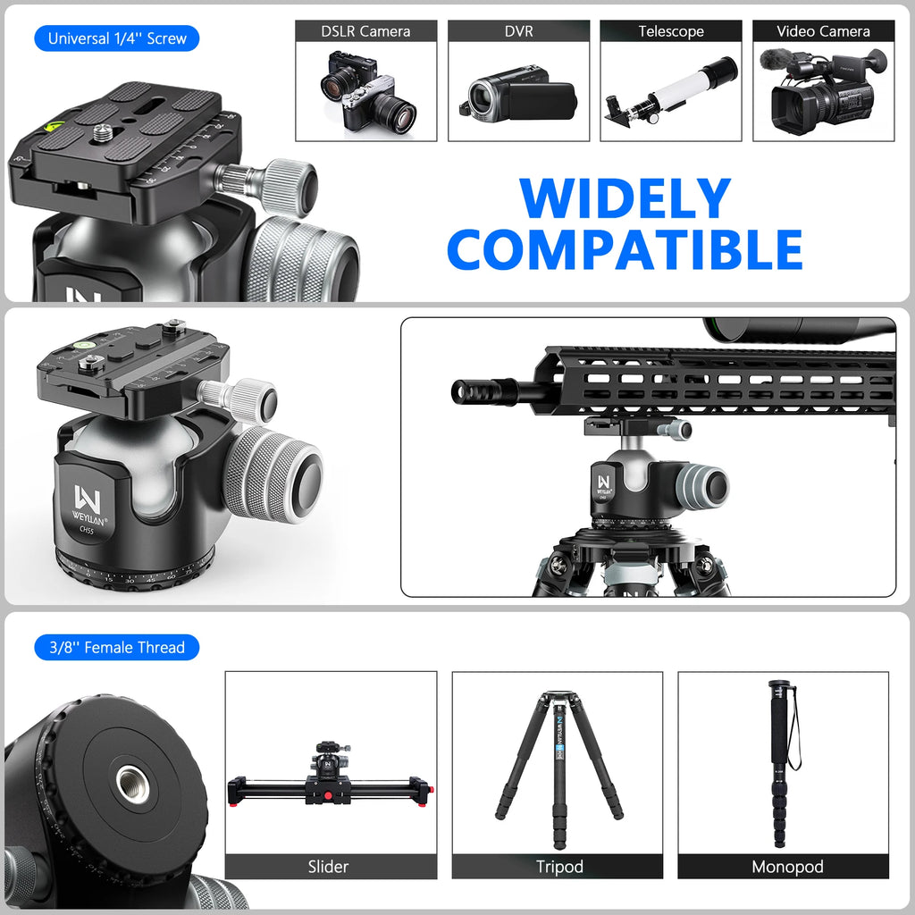 WEYLLAN CH55 Professional Tripod Ball Head 360° Low Gravity Center Panoramic CNC 55mm Ball for Tripod Monopod DSLR Camcorder New
