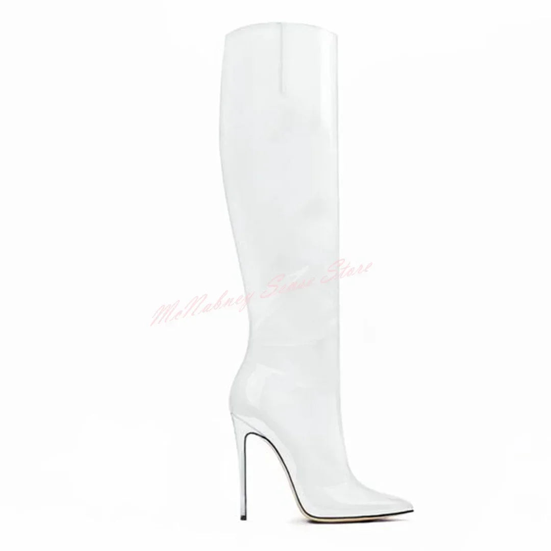Genuine Leather Pointed Boots Stiletto Heels Solid Knee High Boots Slip On Women Sexy Shoes Designer Winter Autumn Casual Shoes