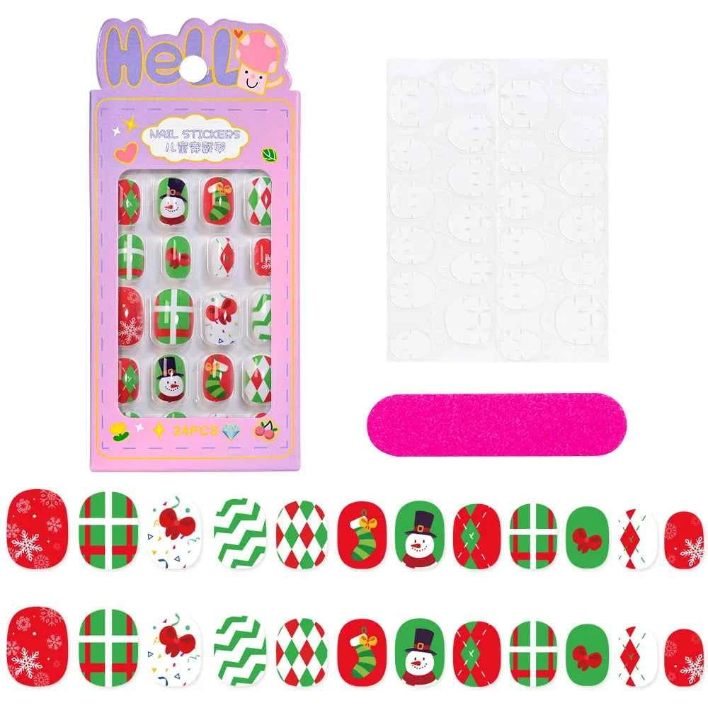24pcs Princess Girls Christmas Press On Nails Candy Color Kawaii Christmas Tree Snowman False Nails New Year Children Fasle Nail