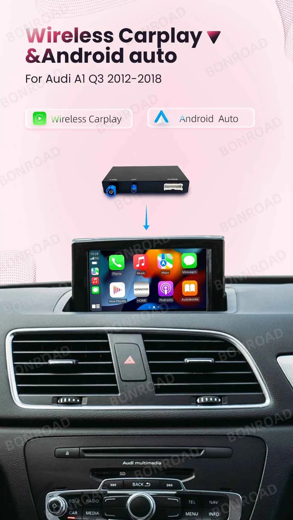 BONROAD Wireless CarPlay Android Auto Interface Adapter for Audi A1 Q3 2013-2018 RMC HNR with AirPlay Mirror Link
