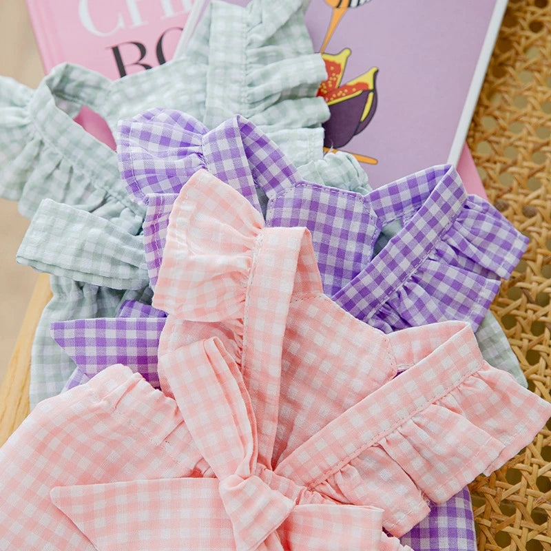 Pawfect Paws Summer Plaid Suspender Skirt Dress - Chic Pink Bow for Small Breeds like Chihuahua & Yorkie