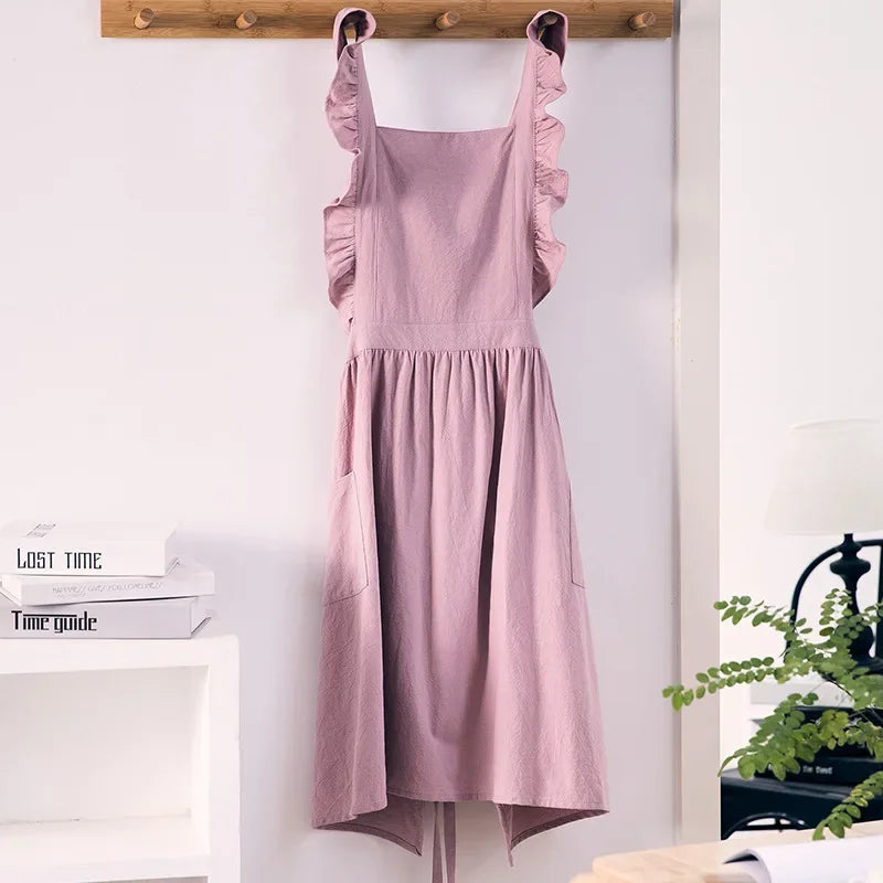 Cross Back Apron Kitchen Apron Ruffled with Pockets for Chef Gardening Pink Work Women with Big Pinafore Dress Cooking Baking