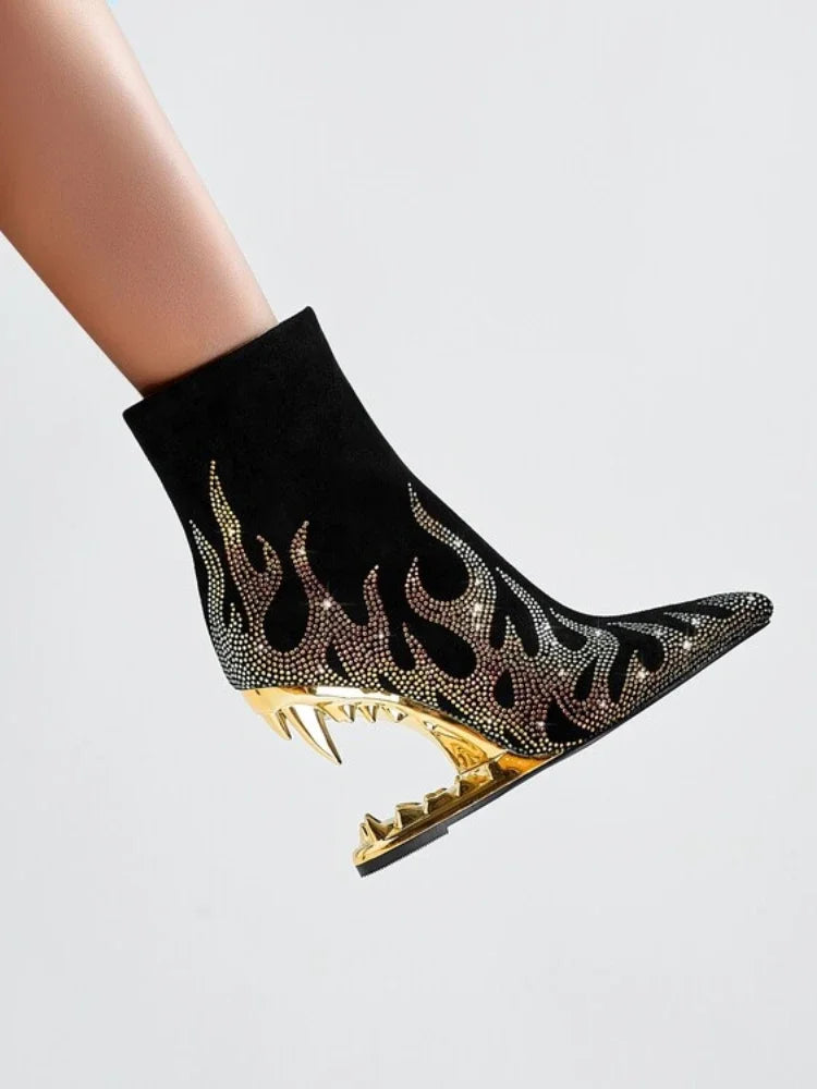 Women's Pointed Tiger Teeth Heel Knee High Elastic Boots Fashionable Over-the-Knee Super High Heel Banquet Show Shoes Autumn Winter