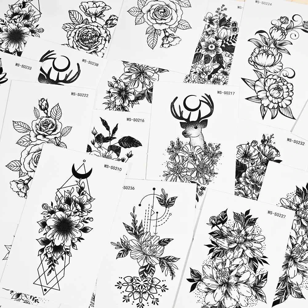 35pcs Realistic Peony Rose Temporary Tattoo Deer Crescent Floral Body Art Waterproof Stickers Lasting Arm Leg Hand Neck Tattoos*