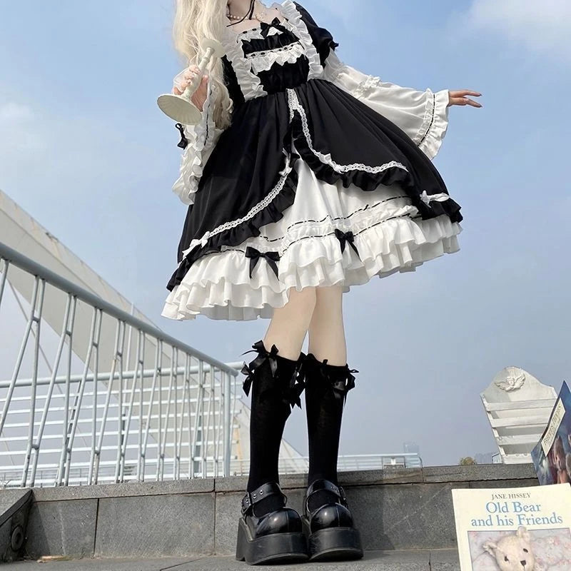 Contrast Color Japanese Dress Women Ruffled Patchwork High Waist Fairy Robe Y2k Aesthetic Ladies Sweet Dresses Vestido De Mujer