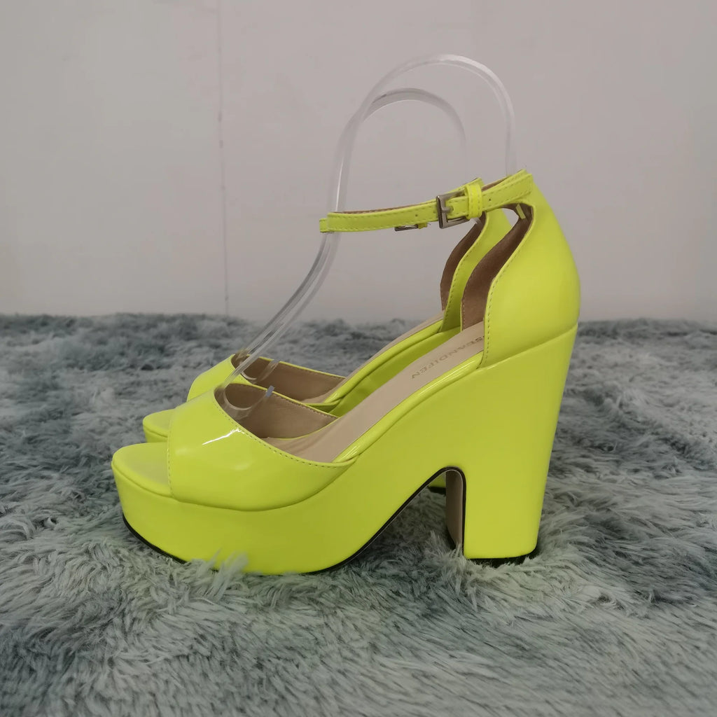 Women Sandals 2026 Summer Ankle Strap Pumps Colourful Sexy Peep Toe Square High Heels Flock Platform Wedding Pole Dancing Shoes