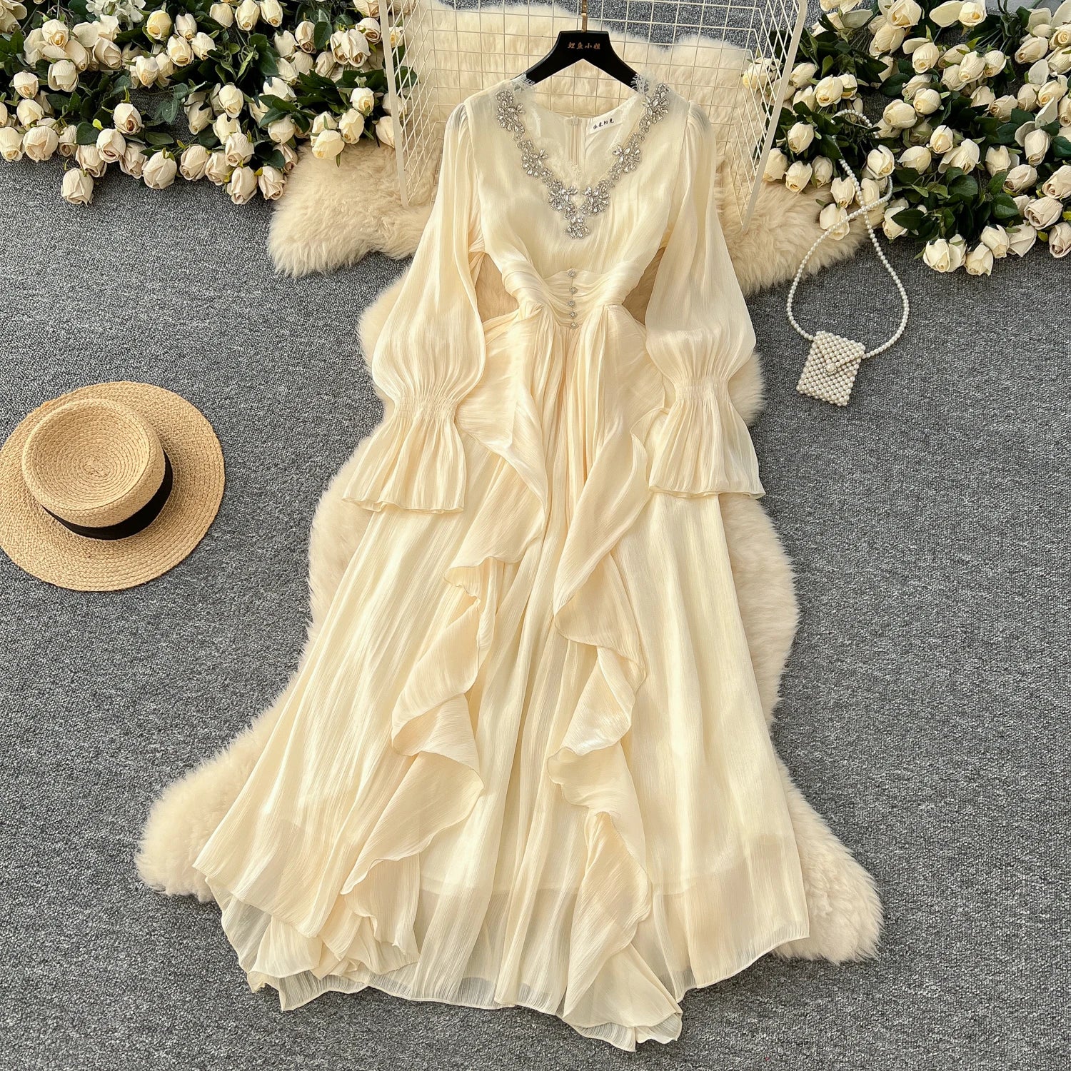 Spring Autumn Women Party Long Dress Elegant Female Red/Purple/Beige/Black Diamonds Patchwork Ruffle A-Line Maxi Vestidos New