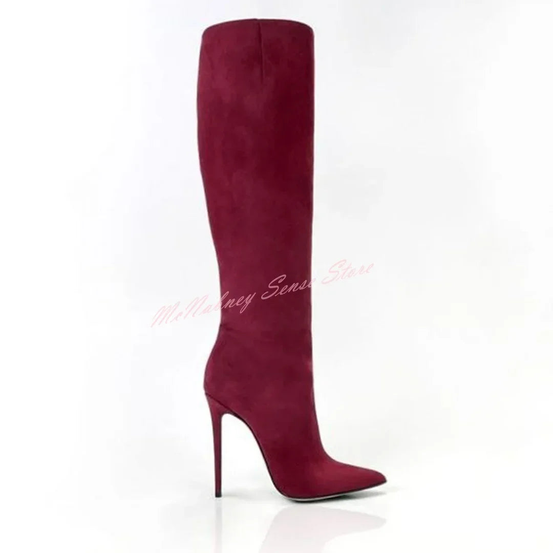 Genuine Leather Pointed Boots Stiletto Heels Solid Knee High Boots Slip On Women Sexy Shoes Designer Winter Autumn Casual Shoes