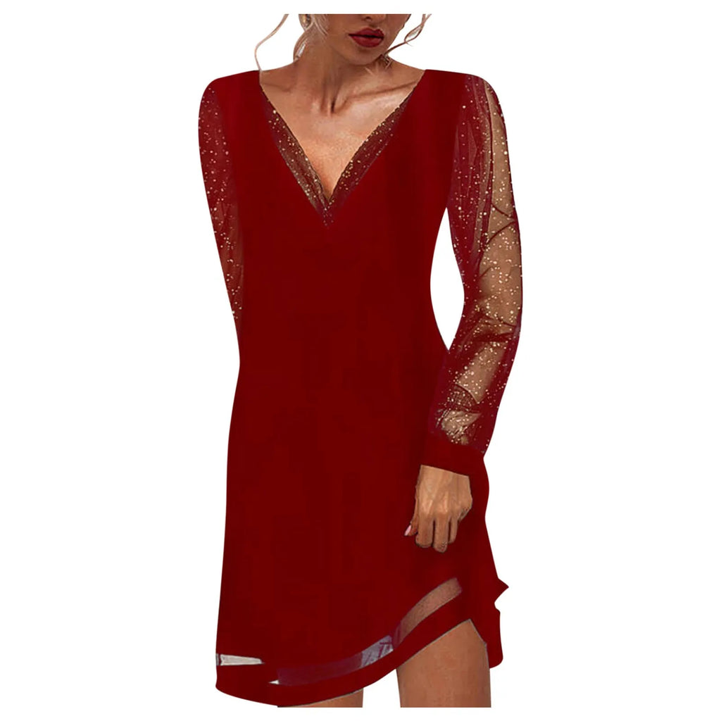 LuxeVibe V-Neck Lace Splice Dress - Knee Length, Ruffle Detail, Long Sleeve, Effortlessly Chic & Comfortable