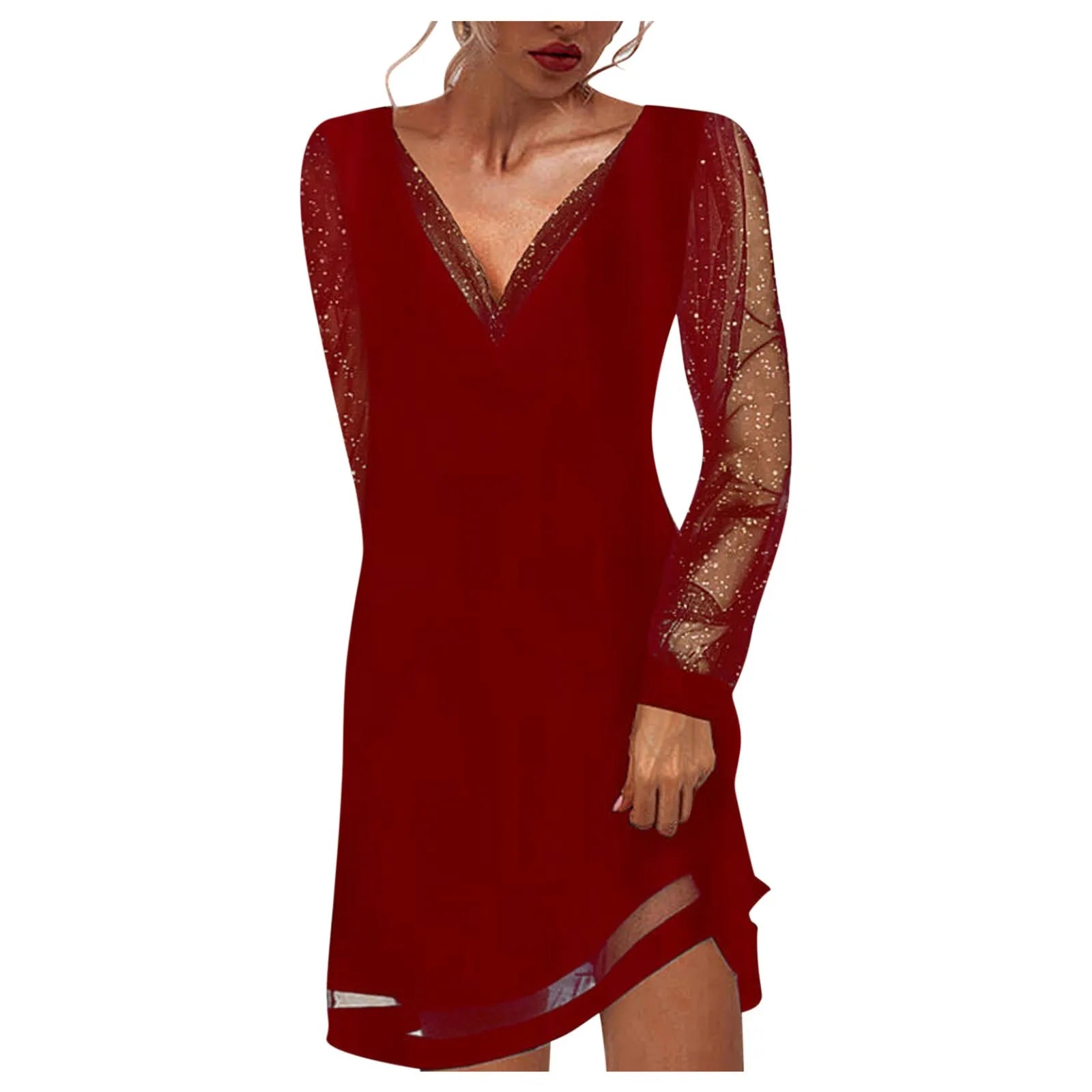 LuxeVibe V-Neck Lace Splice Dress - Knee Length, Ruffle Detail, Long Sleeve, Effortlessly Chic & Comfortable