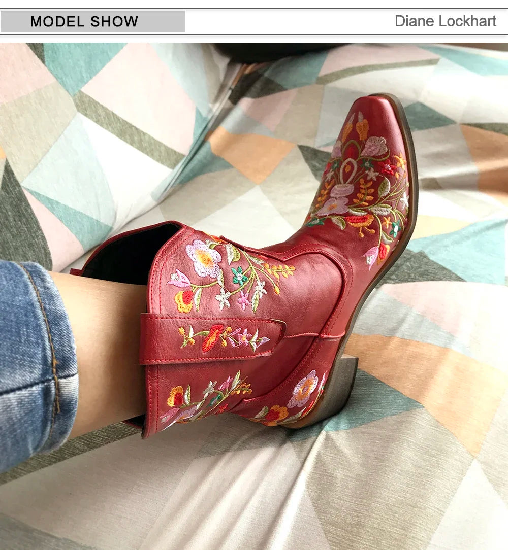 Women Cowboy Boots Luxury Embroidery Pointed Toe Winter Boots Ladies Shoes Comfortable Designer Botas Outdoor Skidproof Wearable